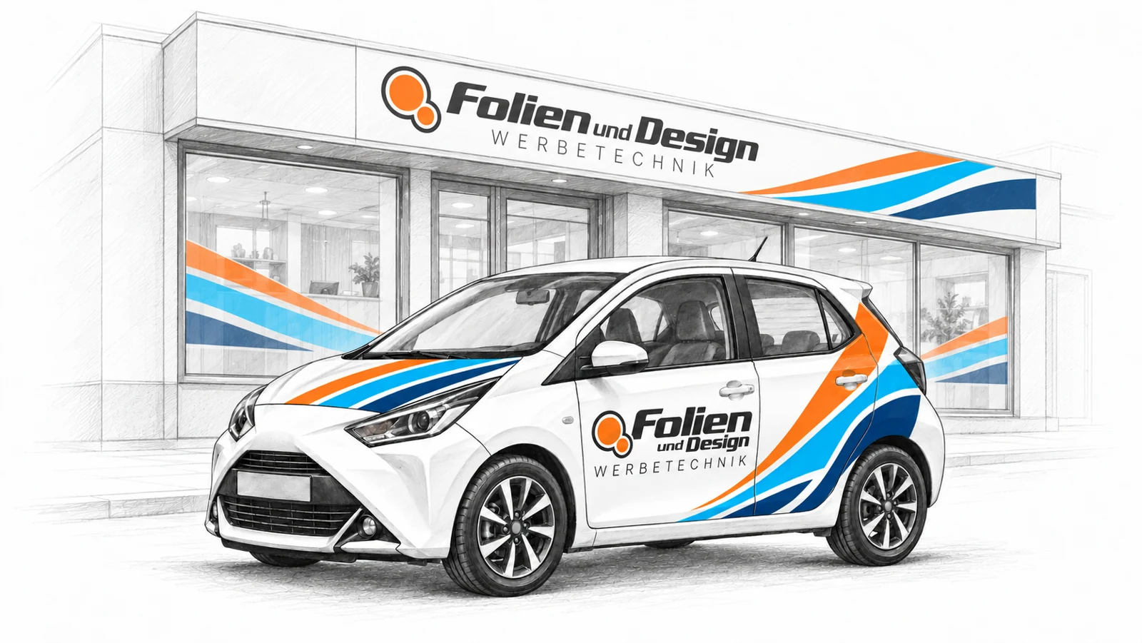 Bleistiftskizze eines beschrifteten Kleinwagens vor einer modernen Ladenfront mit Werbeschild und Fensterfolien von Folien und Design in Orange, Cyan und Dunkelblau.