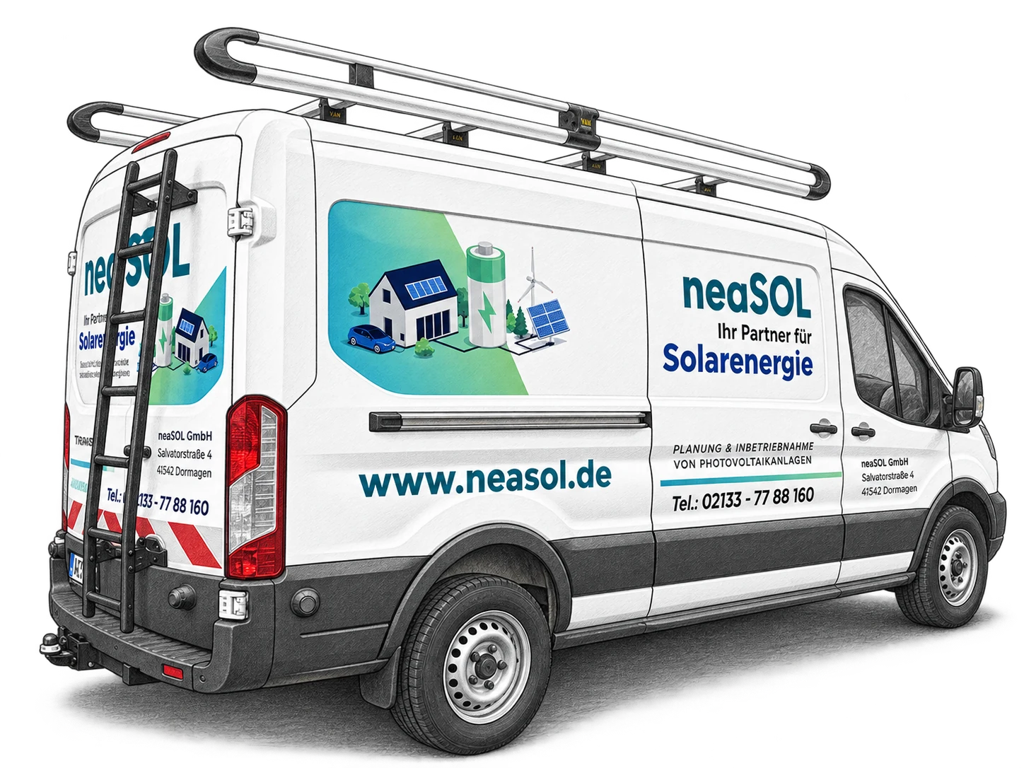 Stilisierte Zeichnung des beschrifteten Fahrzeugs von neaSOL